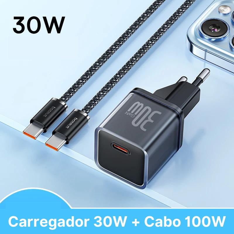 Carregador Rápido 30W + Cabo 100W Baseus GaN 5 USB Tipo C