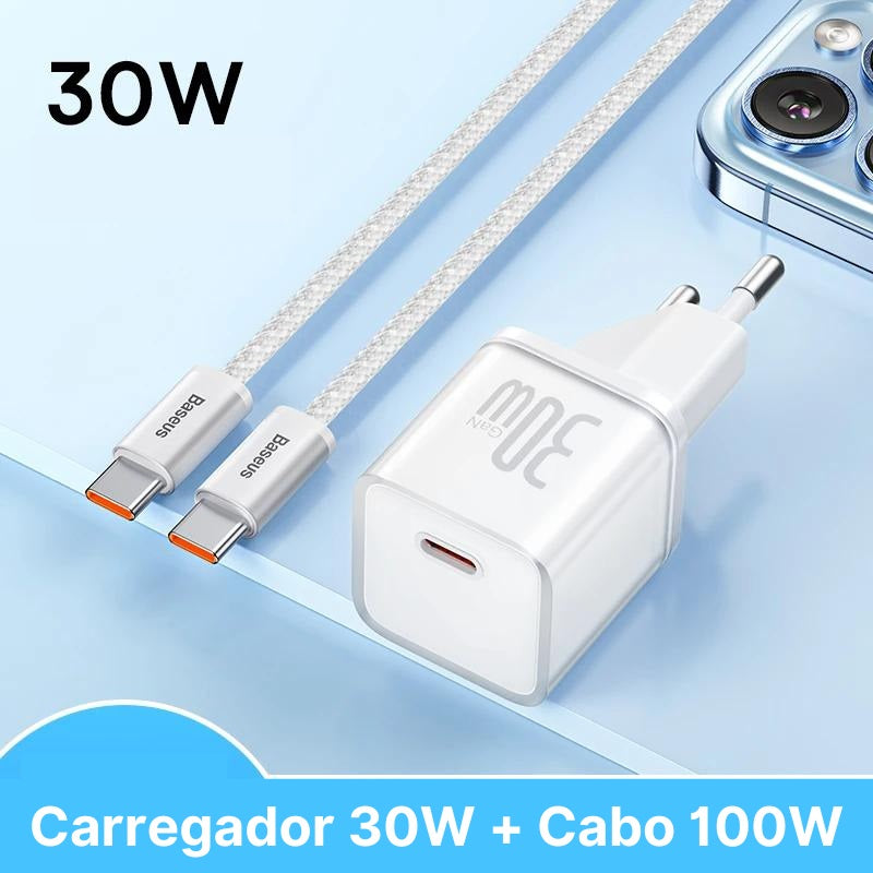 Carregador Rápido 30W + Cabo 100W Baseus GaN 5 USB Tipo C