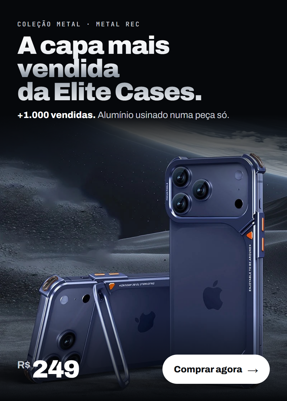 Capa Metal Rec azul de alumínio, a mais vendida da Elite Cases, por R$ 249