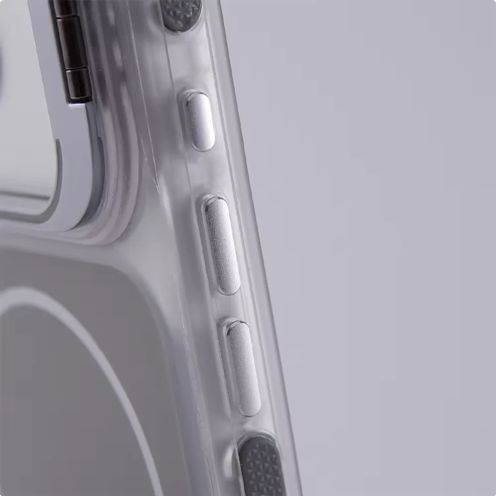 Detalhe dos botões e das bordas reforçadas da capa Protect Stand