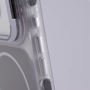 Detalhe dos botões e das bordas reforçadas da capa Protect Stand