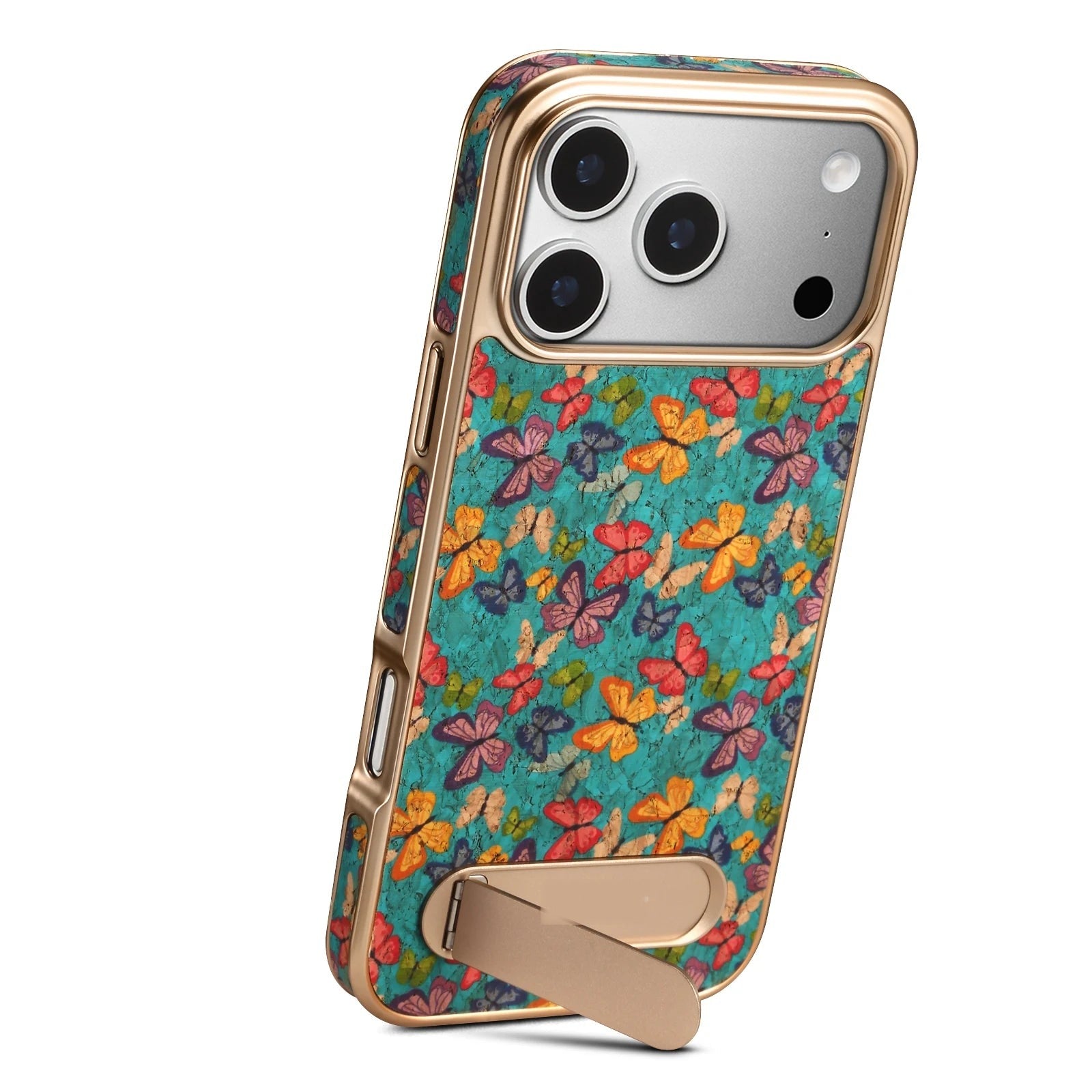 Capa Flower com o suporte dobrável aberto, iPhone em pé